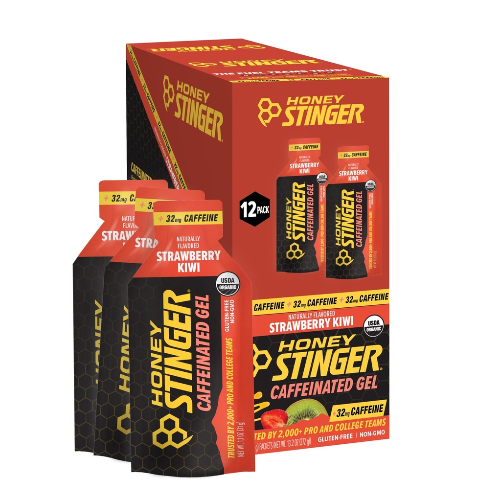 Honey Stinger Organic Strawberry Energy Gel, Caffeinated & Gluten Free, for Exercise, Running and Performance, Sports Nutrition for Home & Gym, Pre dan Mid Workout, 12 Pack, 13.2 Ounce