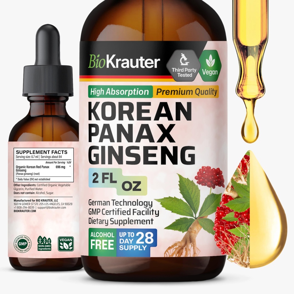 BIO KRAUTER Panax Ginseng Extract Liquid - Korean Red Ginseng Support Free - Imune Dupport - Vegan, Sugar Free - 2 Fl.Oz.