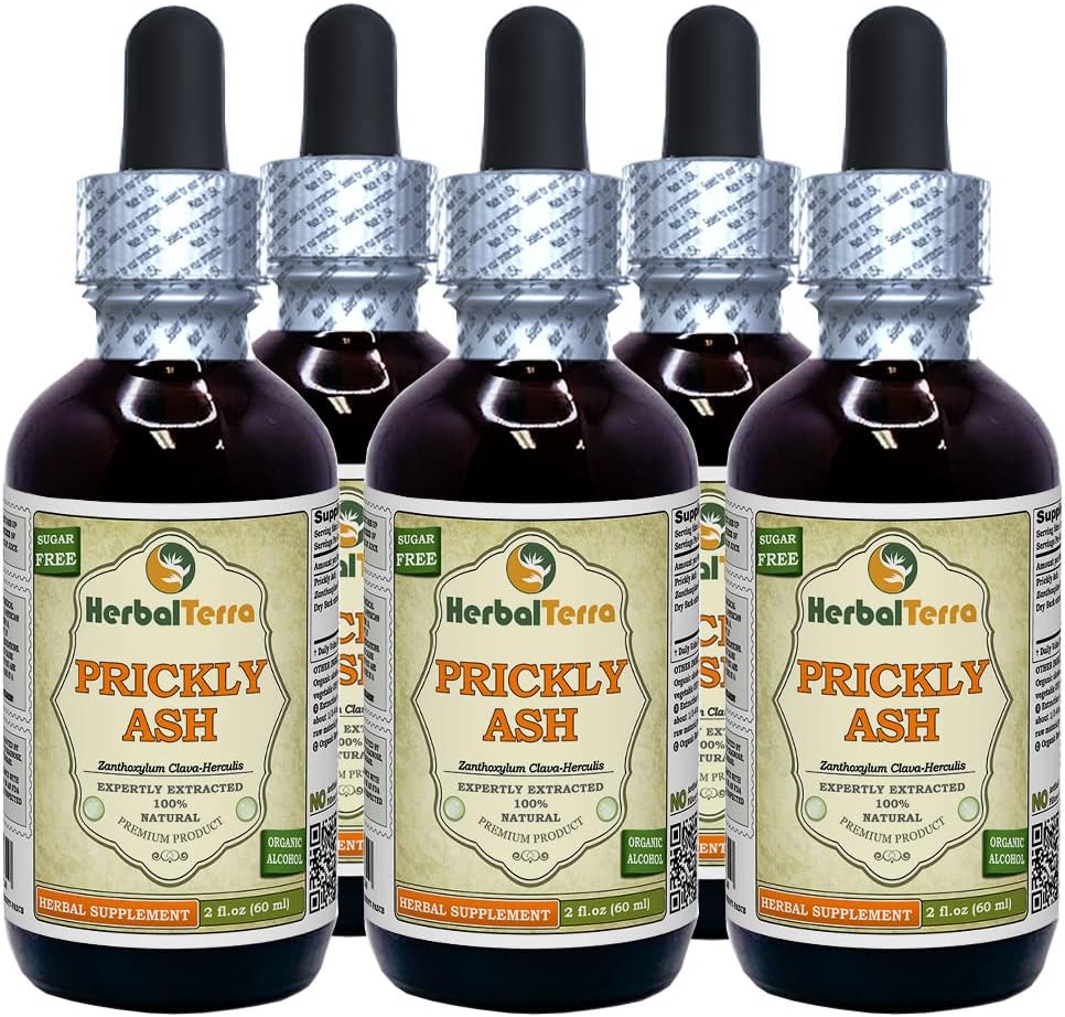 Prickly Ash (Zanthoxylum Clava-herculis) Taincture, Dry Bark Liquid Extract (Nama Merek: HerbalTerra, Proughtly Made in USA) 5x2 f.oz (5x60 ml)