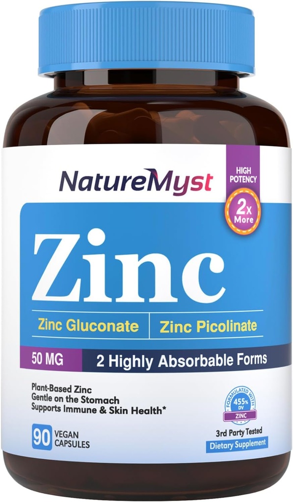 Zinc, Sangat Absorbable Zinc Gluconate & Zinc Picolinate, 50 mg dari Elemental Zinc, Lembut pada The Stomach, Imune, Sel & Skin Health, 90 Vegan Caps