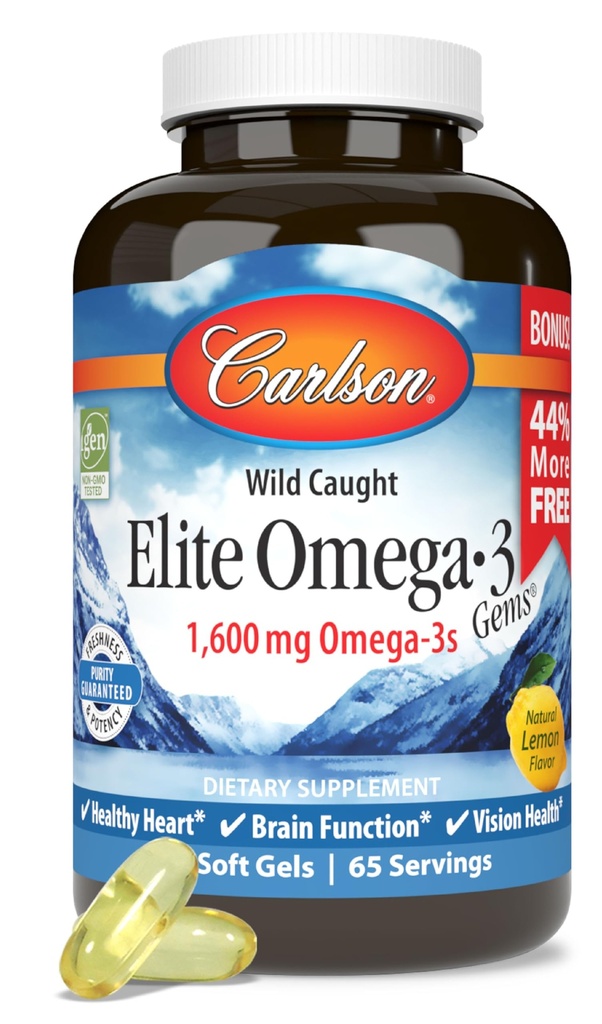 Carlson - Elite Omega-3 Gems, 1600 mg Omega- 3 Acids Gendut termasuk EPA dan DHA, Norwegia, Wild- Caught Fish Oil Sumpable Omega 3 Fish Oil Capsules, Lemon, 130 Softgels