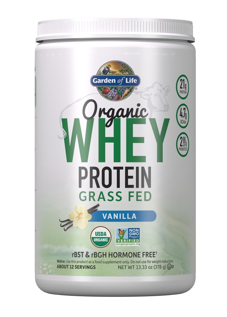 Garden of Life Grass Fed Whey Protein Powder Vanilla - 21g Protein untuk Perempuan & Pria + Progories - 12 Pelayan - Gluten Bebas, Non GMO, Kosher, Humer, RBST Hormone Bebas
