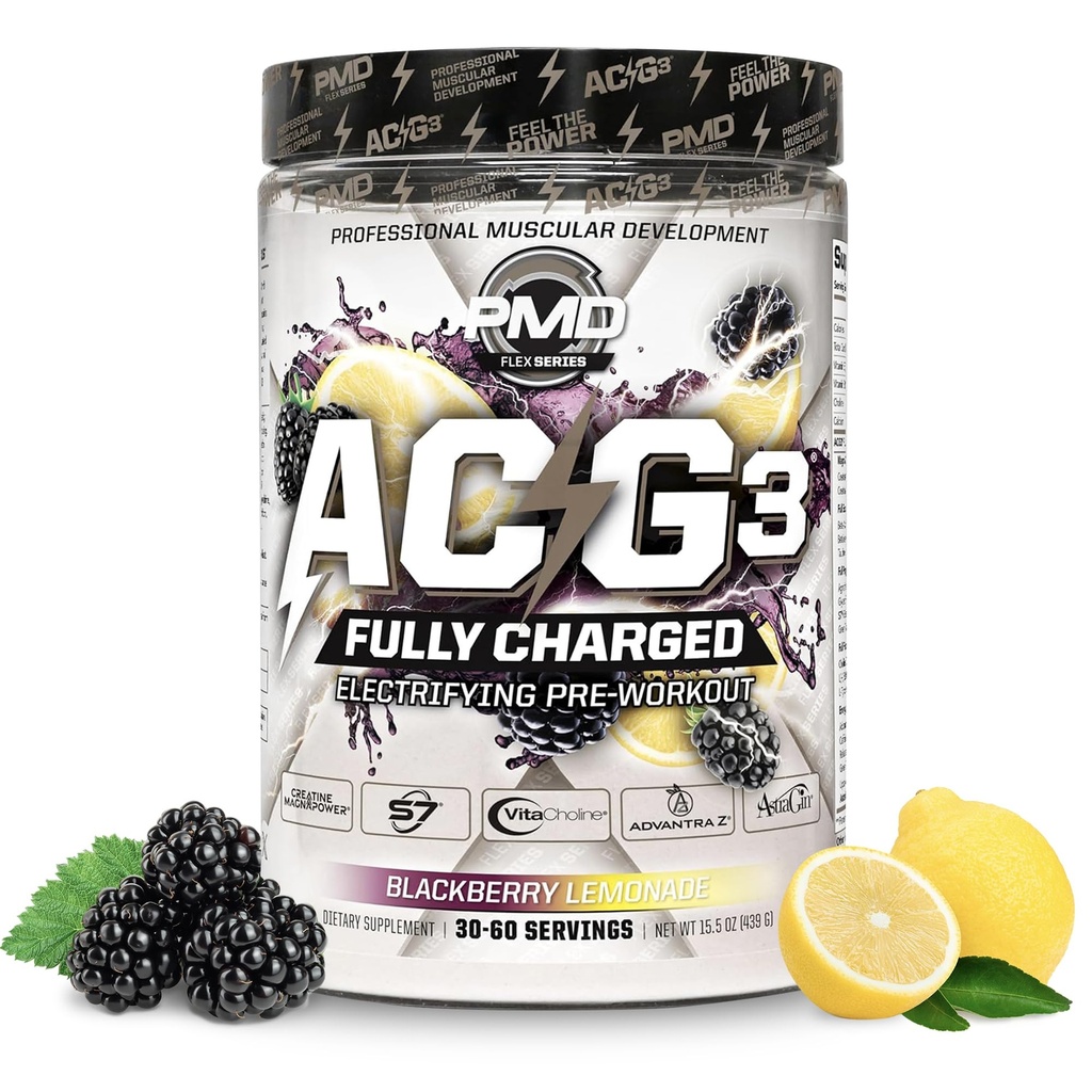PMD Sports ACG3 Charged - electrifying Pre Workout - High Energy & Pompa Pre Workout for Men and Women to Maximize Focus, Endurance & Performance - BlackBerry Lemonade (30- 60 Servings)