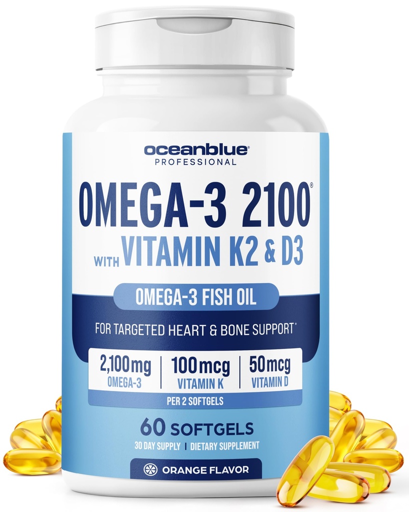 Omega-3 2100 profesional Oceanblue Professional dengan Vitamin K2 dan Vitamin D3-60 Count - Triple Kekuatan Oil Burpless - 3 Tambahan dengan EPA, DHA & DPA
