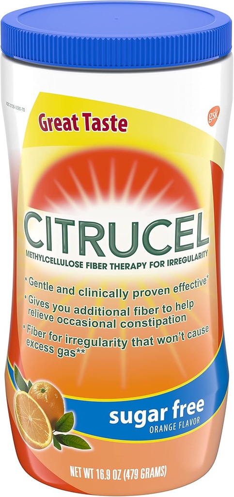 Citrucel Sugar Free Fiber Powder for Occasional Constipation Relief, Methylcelluose Fiber Powder, Orange Flavor - 16,9 Ounces