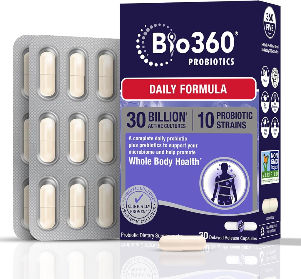 Tambahan Probiotik Bio360 yang telah dewasa untuk Perempuan & Pria, 30 Milyar CFU, 10 Strains, Fiber Prebiotik Organik, Digetical & Kesehatan Ammune