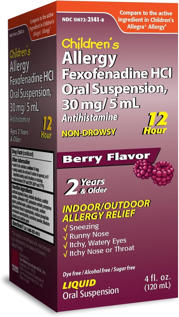 TARO Children 's 12HR Relief None-drunsy Antihistamin Liquid, Berry Flavor, Alcohol- Free, Dye- Free & Sugar Free, Fexenadine HCl (4 oz)