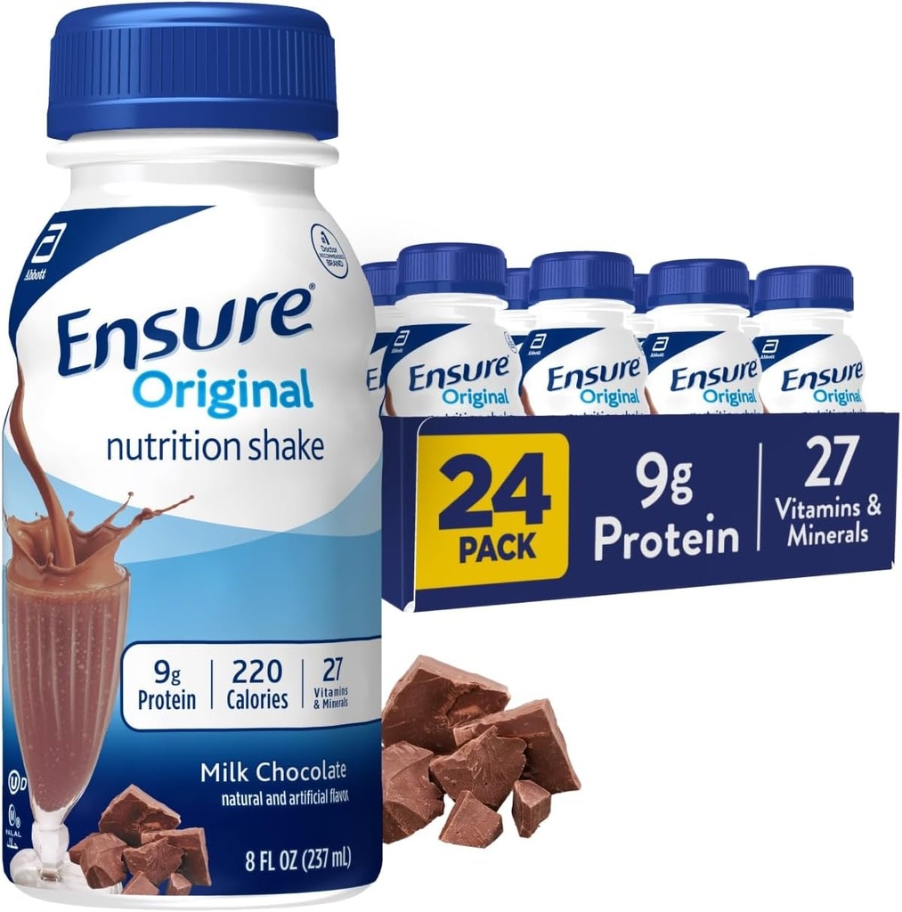 Pastikan Shake Cokelat Susu Asli 124; Pengganti Meal Kecil Shake 124; Siap untuk Minum 14; 9g Protein, 27 Vitamin dan Mineral 124; 8 fl oz - 24 Pack