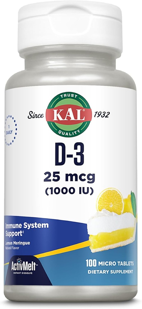 KAL Vitamin D-3 1000 IU 124; Natural Lemon Flavor ActivMelt Micro Tablets Mikro 124; Heally Immune Fungsi & Bone Dukung 124; 100ct