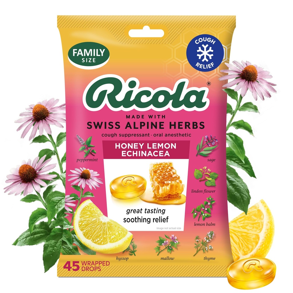 Ricola Honey Lemon dengan Echinacea Cough Drops, 45 Count, Delicious Throat Relief & Care, Oral Anestetic, Alamiah Flavored