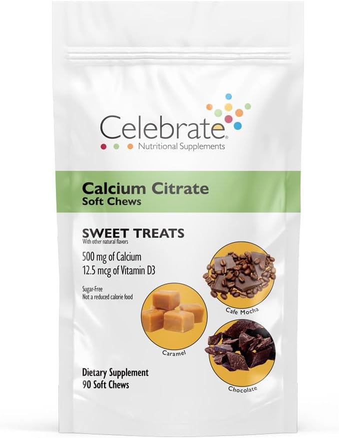 Merayakan Vitamin Baritric Calcium Citrate Soft Chews dengan Vitamin D3, 500mg, Sugar- Free & Gluten- Free Calcium Citrate untuk Pasien Bariatrik, Sweet Treats, 90 Count