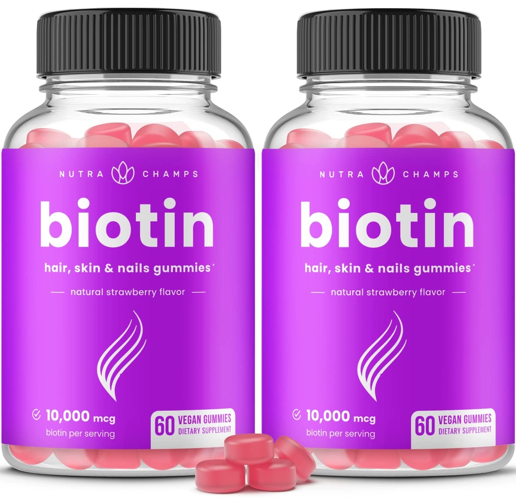 NutraChamps (2 Pack) Biotin Guommies 10.000mcg [Tinggi Potensi] for Healthy Hair, Skin & Nails for Dewaty & Kid - 5000mcg di Setiap Gummy Vitamin - Vegan, Non-GMO, Pectin- Based Hair Health Supplemen