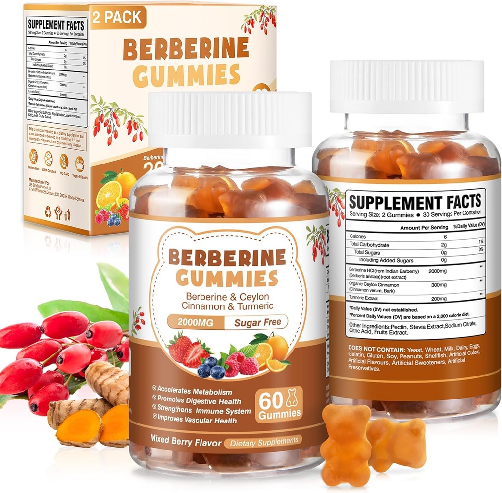 120 Count Berberine Extract Gummies 2000mg Natural Organic Berberine Extract HCI Suplement dengan Ceylon Cinnamon Turmeric untuk Women Dukung Digetical Immune System Metabolisme Campuran Berry Flavor