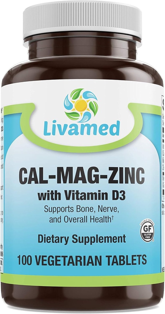 Cal-Mag-Zinc Chlated with Vitamin D3, Bone Stronged Suplement -Healthy Bones & Teeth, Heart, Muscle, & Healthy Cardiovascular System -Best Whole Food Vitamin & Mineral Complex -100 Vegan Caps
