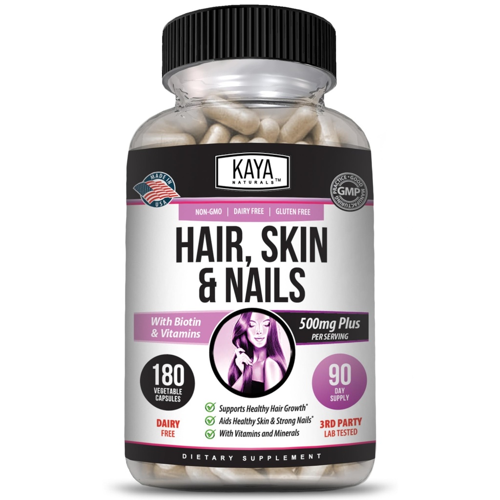 Kaya Surals Hair Skin Nail Capsules BiOTIN Vitamin D B-12 A Folic Acid, Pendukung Rambut Vitamin - 180 Count