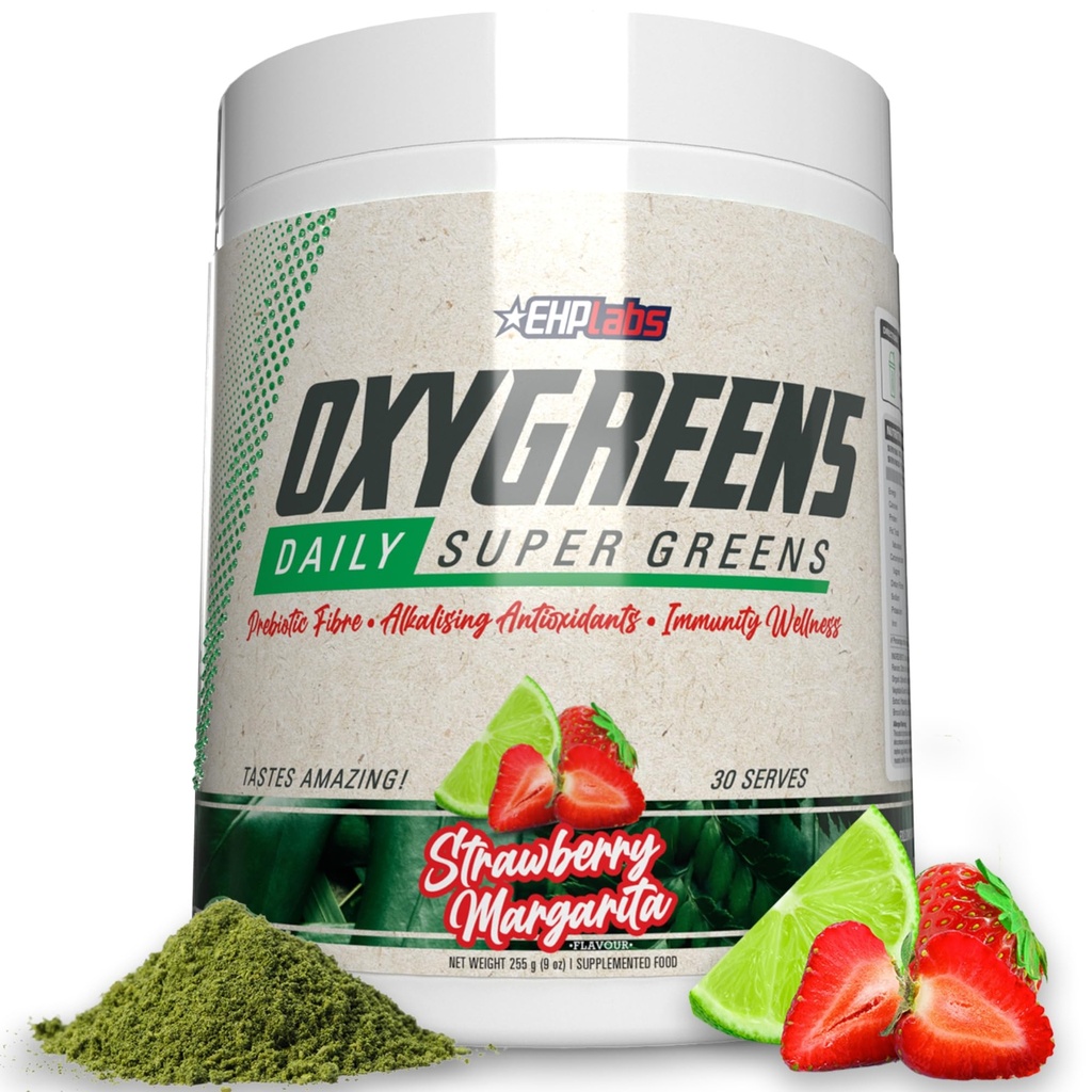 EHP Labs Oxygreens Super Greens Powder - Spirulina & Chlorella Superfood, Green Juice Powder & greens with Prebiotic Fibre, Antioksidants & Immunity Support, 30 Serves (Strawb. Margarita)