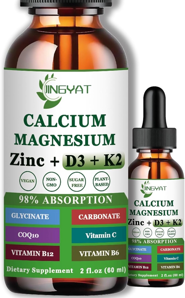 Kalsium Magnesium Zinc Liquid Drops, Liquid Magnesium Glycinate 500mg Calcium 1000mg dengan Vitamin D3, K2, B6, B12, Coq10 untuk Kekuatan Tulang, Fungsi Otot, 6X Lebih Kuat dari Kapsul Gummi