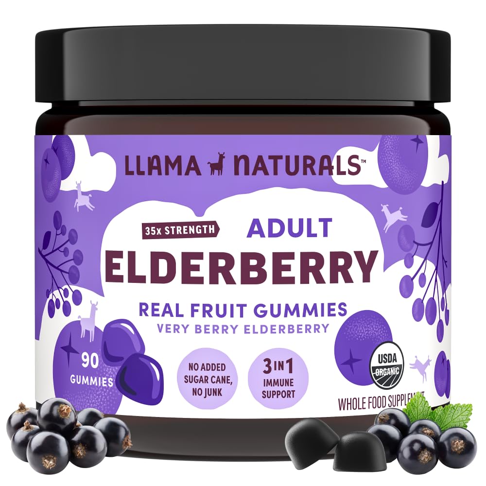 Ilama Elderberry Gummies untuk Dewasa, Vegan, Ammuniunian Suplemen Dukungan Ammuniune dengan Vitamin C dan Zinc, Real Fruit Vitamin untuk kekebalan tubuh, Chewable, No Ditambahkan Sugar Cane, 90 Ct