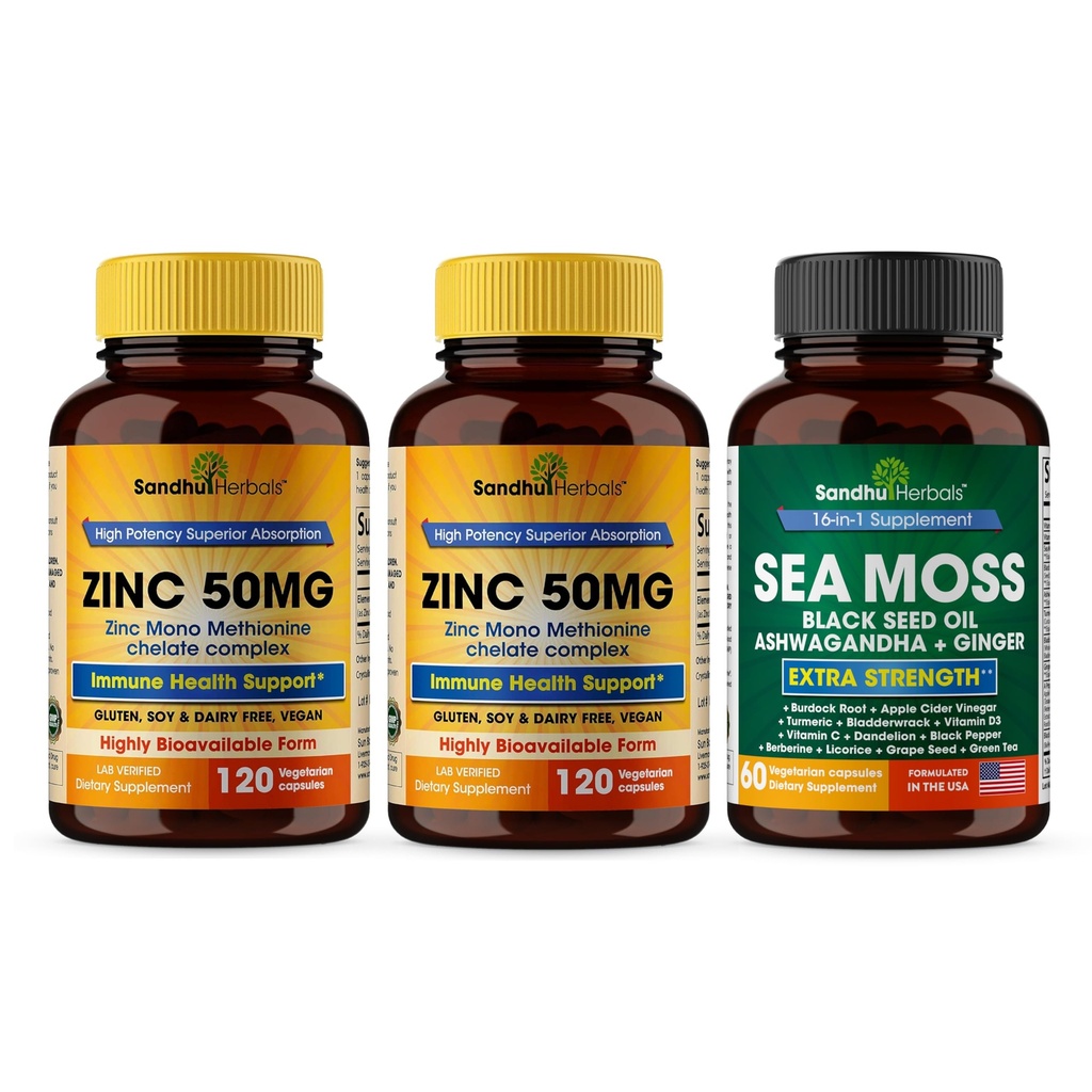 Sandhu Herbals Zinc 50mg & Sea Moss Black Seed Oil Ashwagandha Ginger Burdock Root Suplemen Pria & Women 124; Made in USA