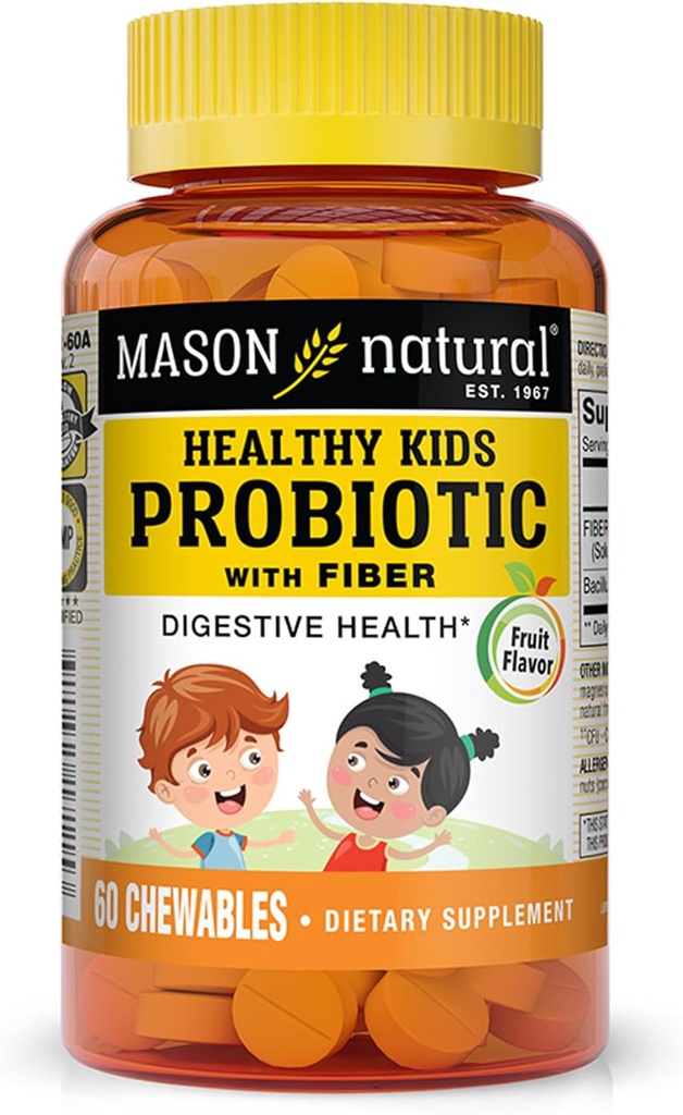 Mason Natural Healthy Kid Probiotic with Fiber - Healthy Digetical Fungsi, Peningkatan Kesehatan Gut, 60 Chewables