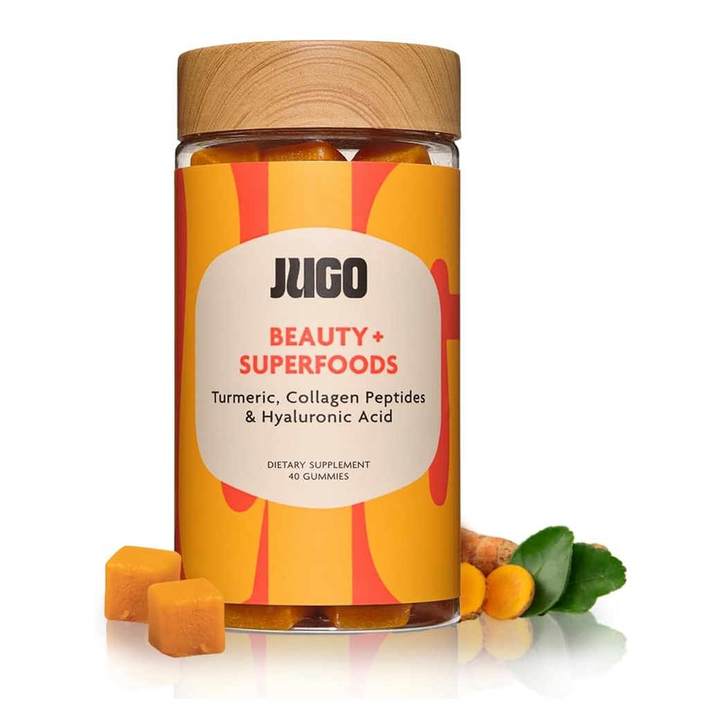 JUGO Beauty + SUPERFoods 124; Hair Skin Nails Suplement with Hyaluronic Acid & Turmeric 124; 40 Count Plant-Based Gummies = 124; Glatin- Free, Non-GMO, Made in USA