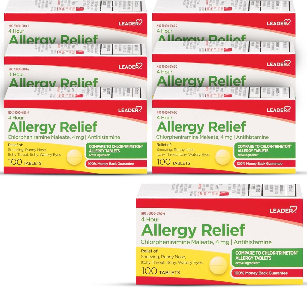 Leader 4 Hour Allergy Relief, Chlorpheniramine Maleate Tablet, Antihistamin, 4 mg, 100 Count (Paket 6)