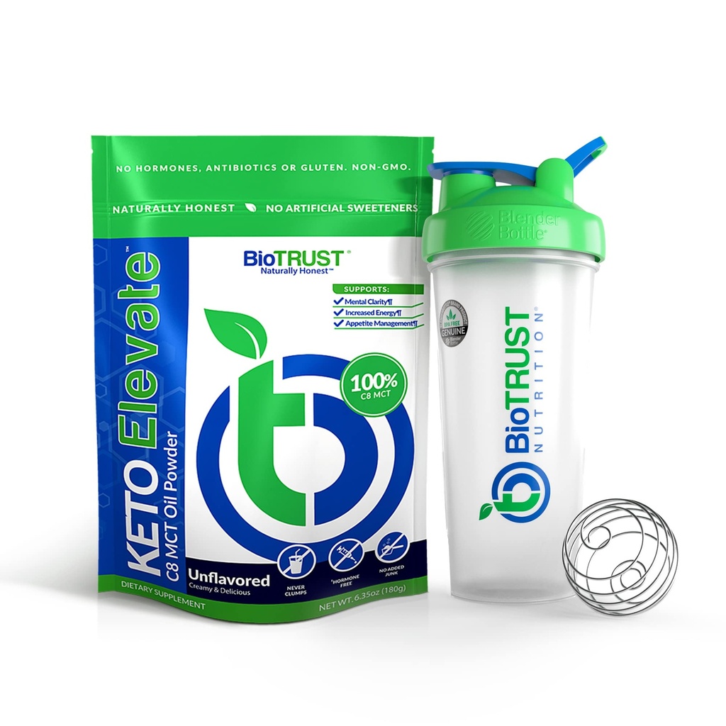 BioTrust Keto Elevate Pure C8 MCT Oil Powder (Tak berselera) BlenderBottle Bundle