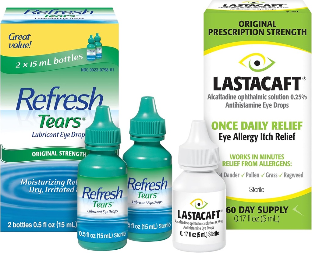 Bundle of Refresh Tears Lubricant Eye Drops, 2 Count (Pack of 1) + Lastaburft Once Daily Eye Allergy Itch Relief Drops, 60 Day Suply, 0.17 Fl Oz (Pack of 1)