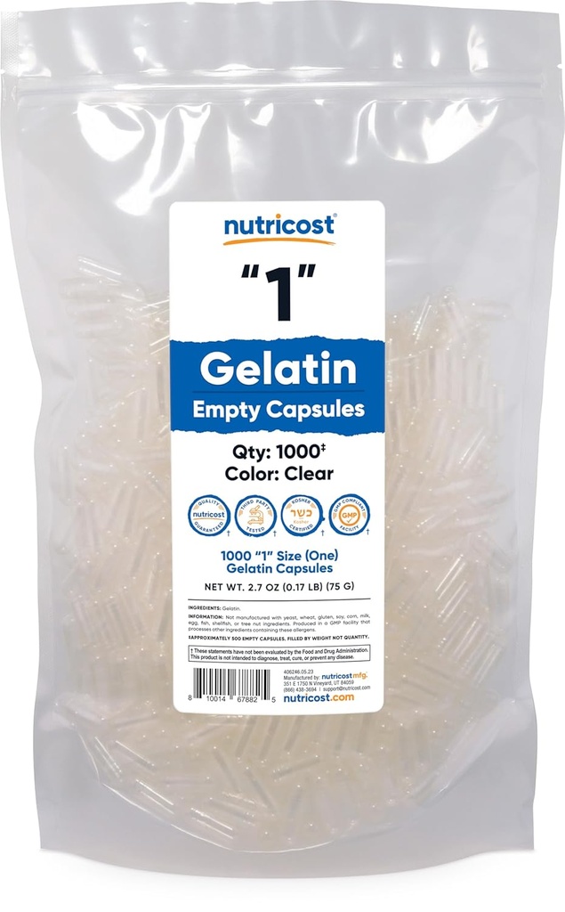 Nutricost Kosong Kapsul Geltin Ukuran 1-1000 Kosong '1' Katup Gel - Kosher, Non-GMO, Soy Bebas, Gluten Bebas
