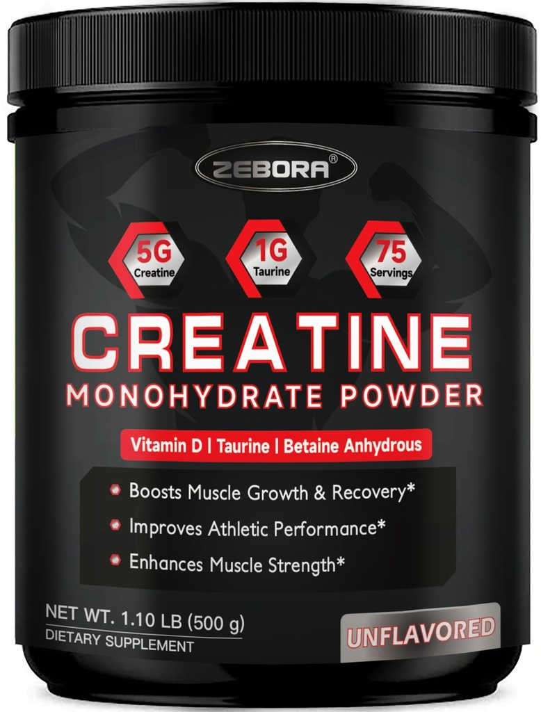 ZEBORA Micronized Creatine Monohydrate Powder, Creatine Monohydrate untuk Women, Membantu Pemulihan Otot, Enhances Ukuran Otot & Kekuatan dengan 5G Creatine dan 1G Taurine