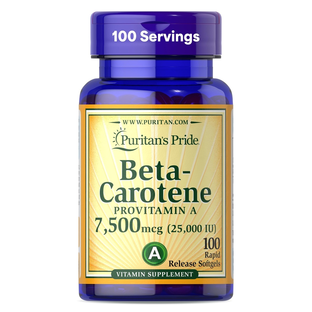 Puritan 's Pride Beta Carotene Provitamin A 7.500mcg (25.000 IU), Vitamin Suplemen untuk Sistem Imune, Antioksidan Eye Health Suppply, 100 Rapid Rapid Lepaskan Softgels