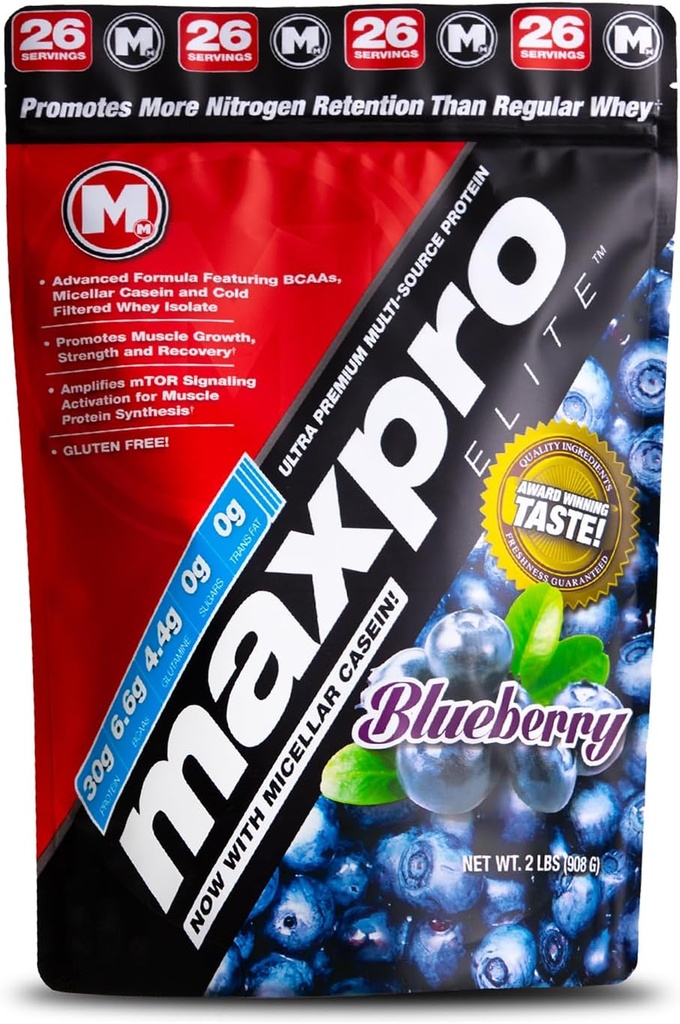 Max Muscle Maxpro Elite Whey Powder 126; 30g Protein 126; 0g Sugar 144; 6.6g BCAAs 12.4; Miverard Casein Cold Filened Protein 124; Promotes Muscle Growth & recovery (Blueberry)