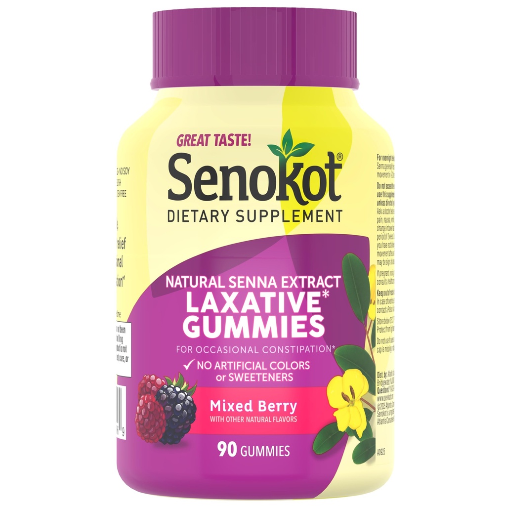 Laxative Gummies Diet Senna Senna Senna Natural Extract, Gentle, Overnight Relief dari Occasional Constipation, Mixed Berry Flavor, 90 Count