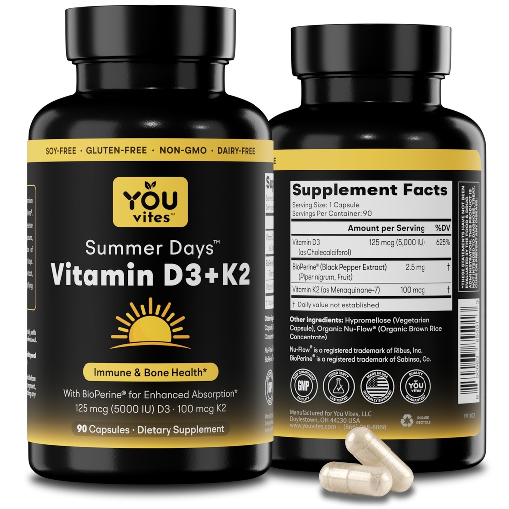 Vitamin D3 + K2 - Max Absorpsi, 5000 IU D3 & 100 mcg K2 MK-7 (Menaquinone- 7) dengan BioPerine - Bone, Heart & Imune Dukungan - Non-GMO, Gluten Free, Soy Free - 90 Kapsul - Tambahan Harian