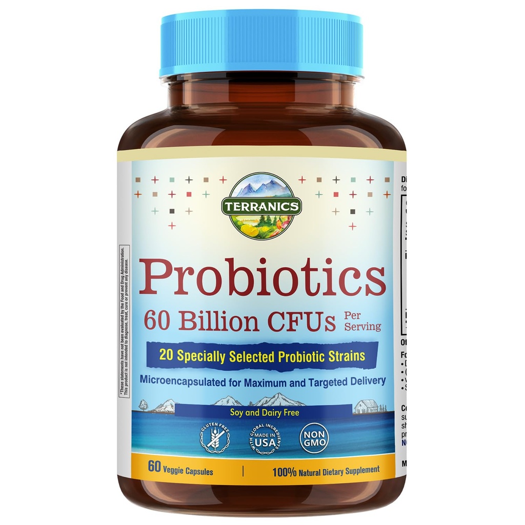 Terranics Probiletik 60 Milyar CFU, 20 Strain, 60 Veg Capsules, Prepotik & Probiotic Shelf Stable Probiotic Suplemen Pria & Women, Digestrive & Imune Kesehatan, Non-GMO, NO Soy, Dairy & Gluten