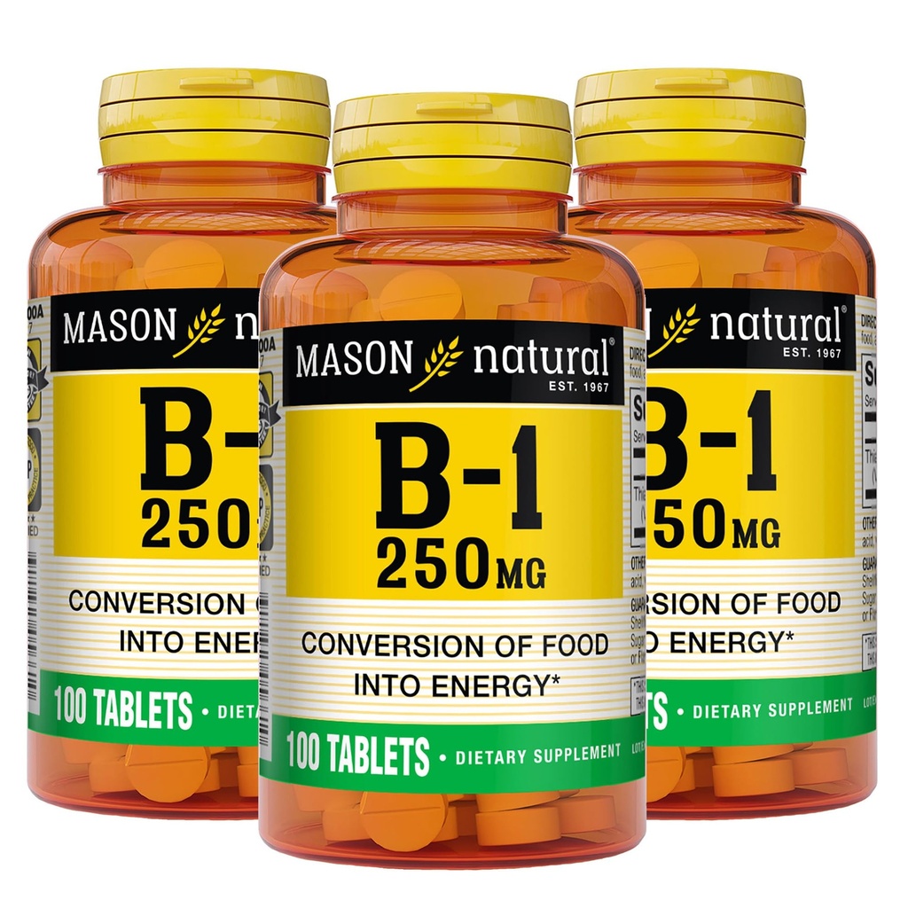 Mason Natural Vitamin B1 Thiamine 250 mg, 300, Tambahan Hari, Tambahan Dieter untuk mendukung Tingkat Energi Alam, 100 Tablet (Paket 3)