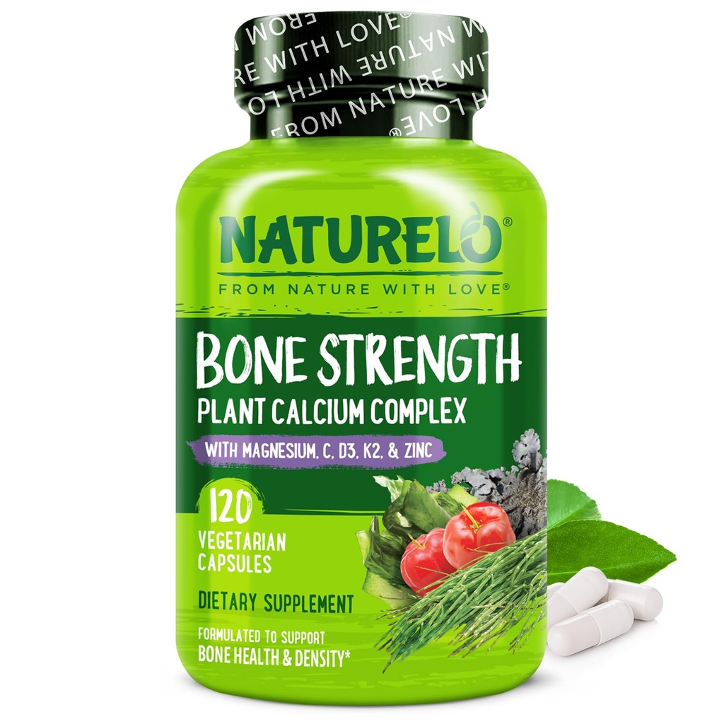 NATURELO Kalsium Suplemen - dengan Vitamin C, Vitamin D3, K2, dan Kalsium Magnesium Zinc untuk Kekuatan Tulang dengan Kalsium 600mg - Plant - Berdasar, 120 Vegetarian Capsules, Non-GMO, Soy & Gluten- Free