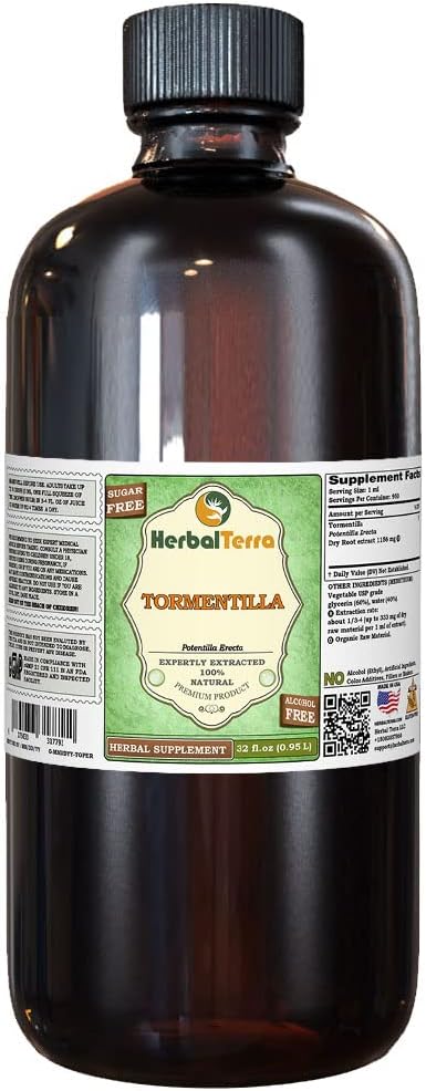 Tormentilla (Potentilla erecta) Glycerite, Dried Roots Alcohol- Free Liquid Extract (Nama Merek: HerbalTerra, Proughtly Made in USA) 32 f.oz (0.95 l)