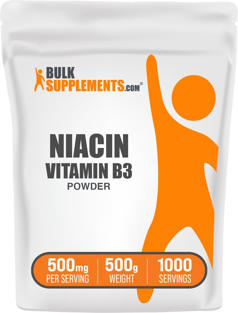 BulkSuplements.com Niasin Powder - Vitamin B3 Suplemen, Niacin 500mg - Niasin Flush, Niasin dengan Flushing - Gluten Free, 500mg dari Niasin per Serving, 500g (1.1 lbs) (Paket 1)
