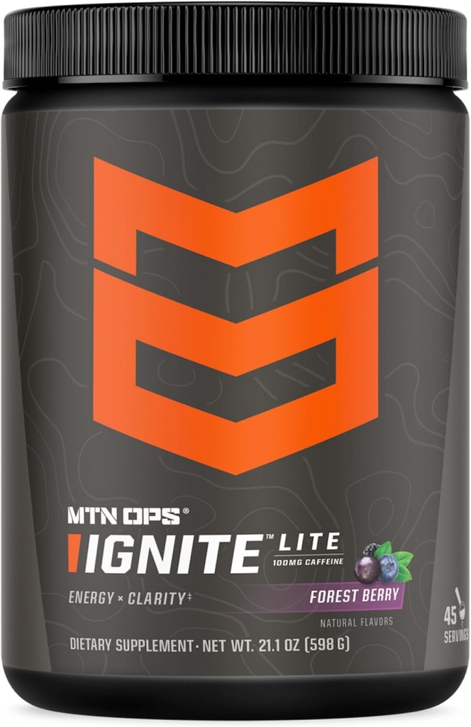 MTN OPS Ignaite Lite Energy Chowder Gluten Free Nitric Oxide Supplement Drink, L Arginine, L Citrulline, Caffeine & Nootropic Sugar Free Drink Mix, 45 Servings, Forest Berry