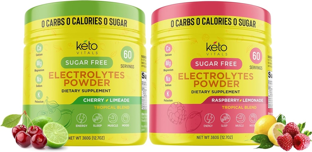 Keto Vital Cherry Limeade Bundle dengan Raspberry Lemonade - 2 Pack Bundle Keto Electrolytes Powder - Electrolite dengan Potassium, Magnesium, Sodium, Kalsium - Cherry Limeade & Raspberry Lemonade