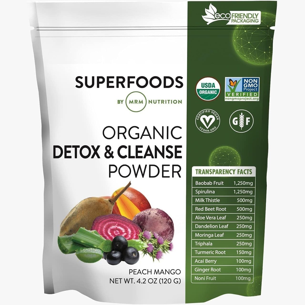Detoksin Organik MRM dan Powder Cleanse 124; Peach Mango Flavored 124; Detox Harian Lembut 124; Superfoods 124; Antioksidants + Chlorofil + Phycocyanin + Electrolytes 124; 15 Pegawai