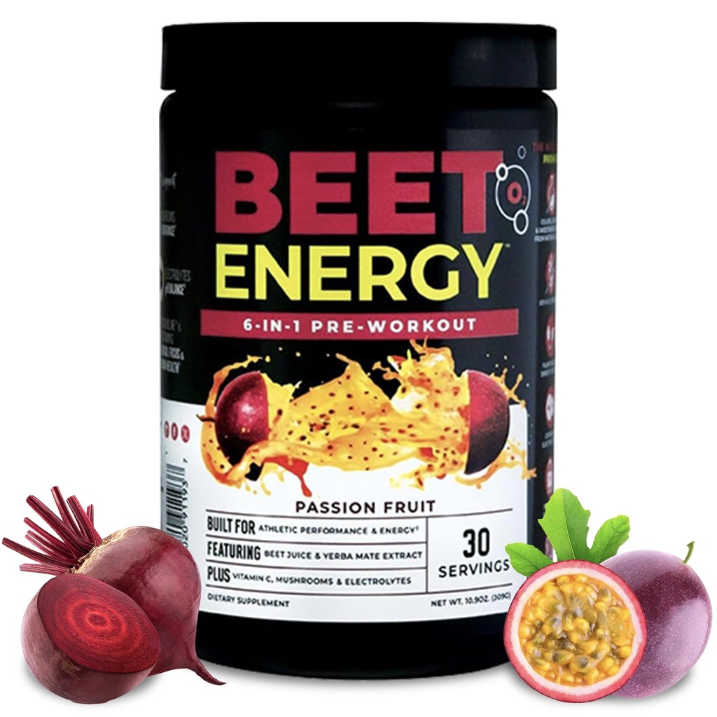 Nutrologi Beet Energy O2, Pra Worktout Powder, Energy, Endurance & Nitric Oxide Booster dengan Beet Powder, Yerba Mate, Adaptogens & Electrolite, Vegan Pre Workout, Passion Fruit Flavor, 30 Services