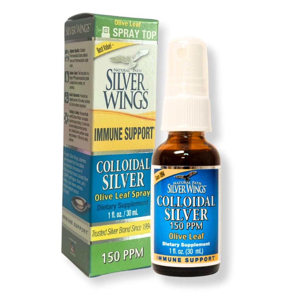 Path Natural Silver Wings Colloidal Silver 150ppp (750mcg) w / Olive Leaf - Imune Dukungan Tambahan - 1oz Sembur