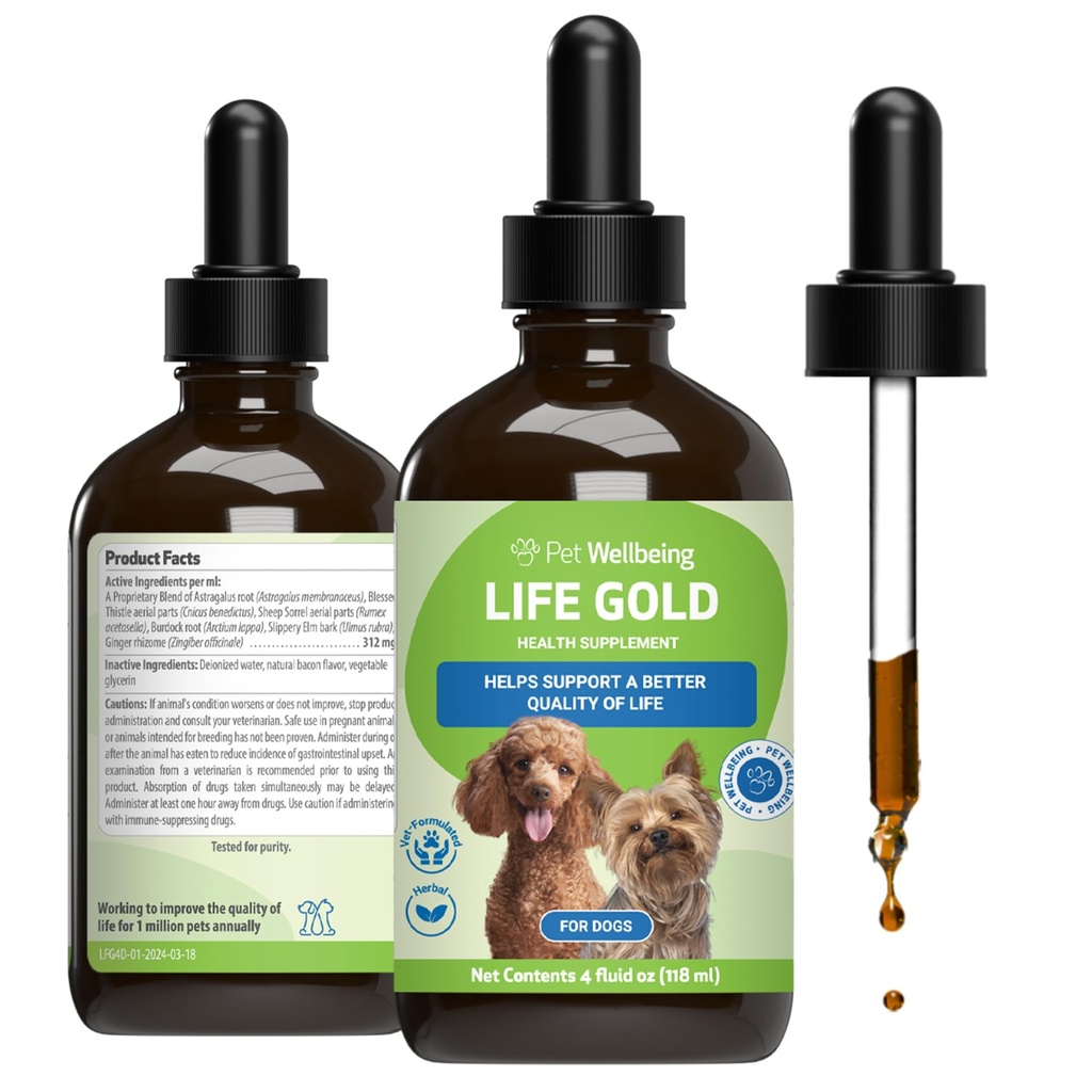 Pet Wellsing Life Gold for Dogs - Mendukung Detoksifikasi, Kesehatan Sistem Kebal, Antioksidan - Formulasi Suplemen Herbal - 4 oz (118 ml)