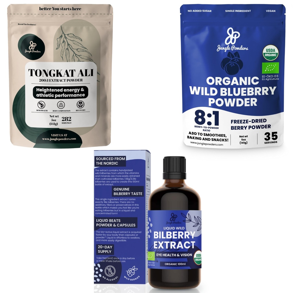 Powder Jungle Ultimate Men 's Health & Wellness Bundle: 5oz Tonkat Ali Powder, 5oz Wild Blueberry powder & 3.4oz Organic Bilberry Liquid Extract - Premium Suplemen untuk Drive, Passion, Etisight