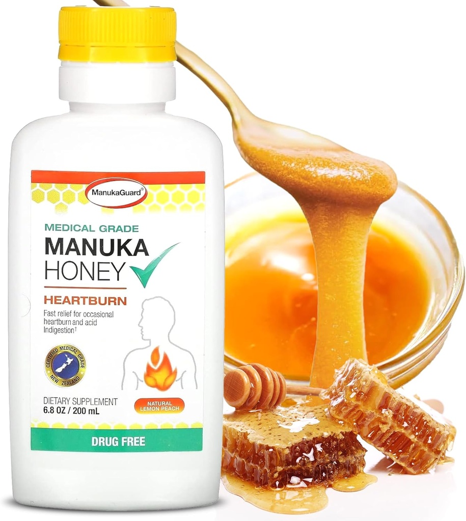 ManukaGuard Heartburn Nuttralizer, Medical Grade Manuka Honey 6.8oz - Segera Heart Burn dan Acid Intervention Relief. Alternatif Antax Bebas Drug-Free