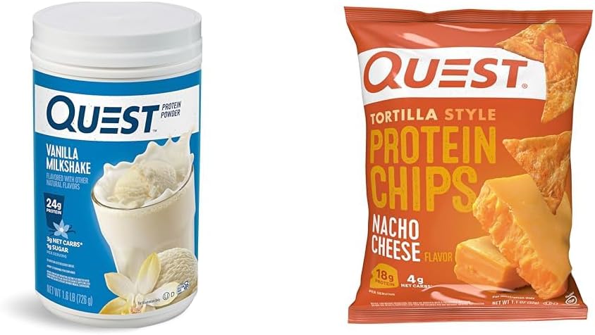 Quest Vanilla Milkshake Protein Powder, 24g Protein, 1.6lb + Nacho Cheese Tortilla Style Protein Chips, 18g Protein, Paket 12