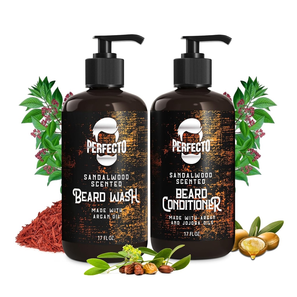Perfecto Beard Wash & Beard Conditioner Set with Argan and Jojoba Oils