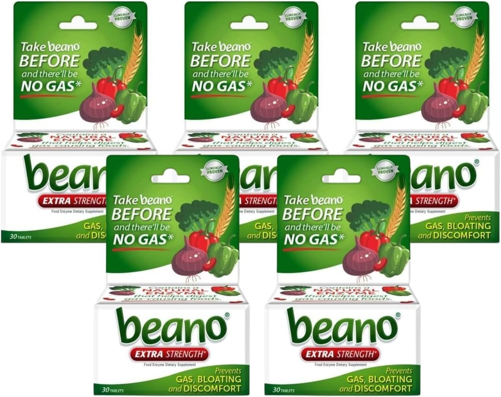 Beano Ekstra Kekuatan, Pencegahan Gas & Digeptical Enzyme Suplemen, 30 Cacah (Paket 5)